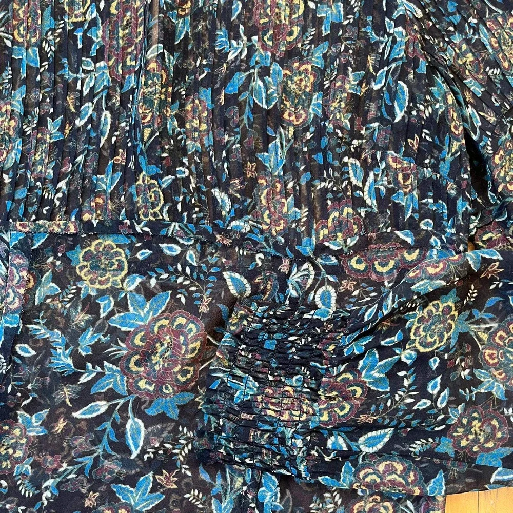 Veronica Beard Silk Floral Blouse Sz 2 Sheer Smocked Long Sleeve Boho Romantic